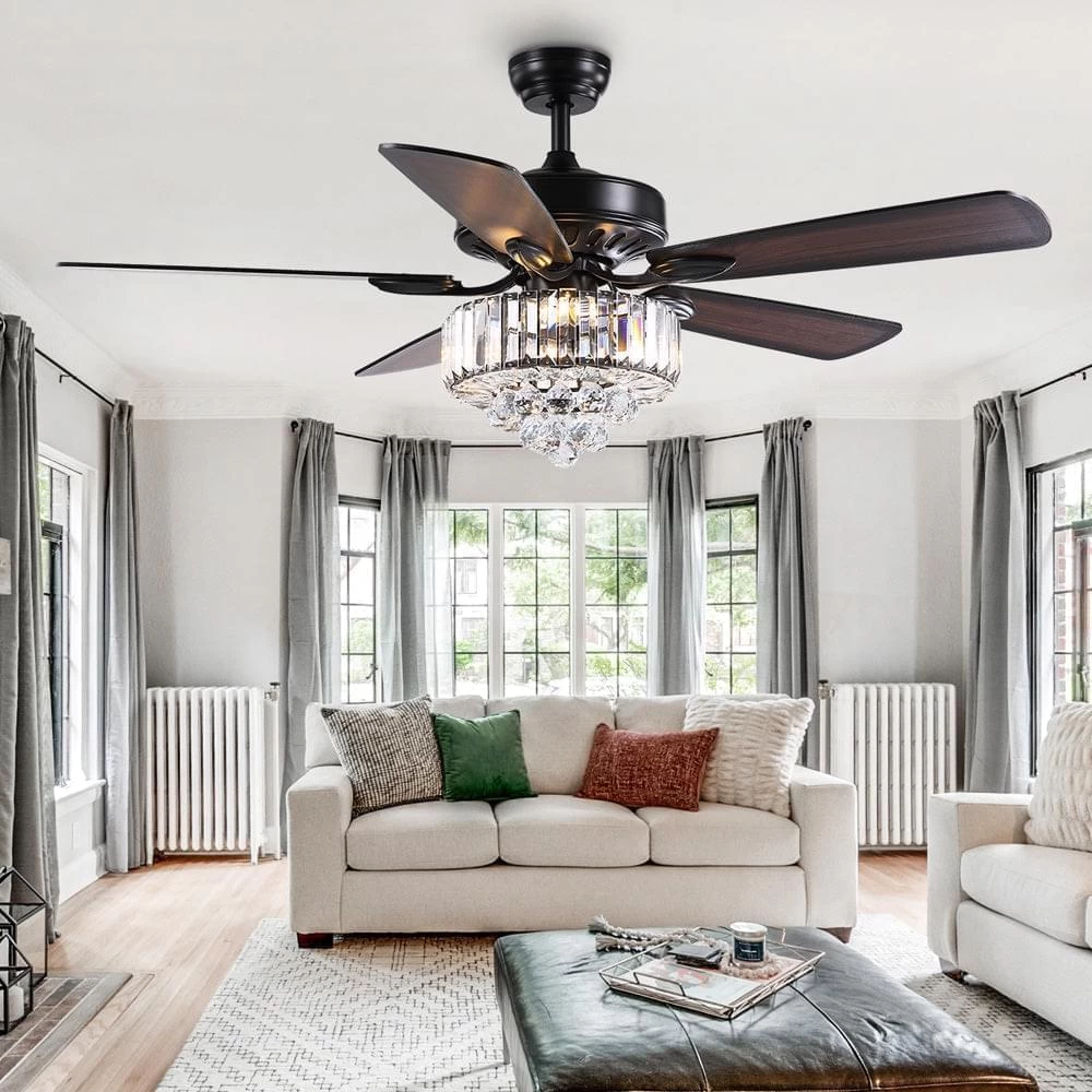 5 - Black Blade Clear Crystal Ceiling Fan With Remote Control For Living Room