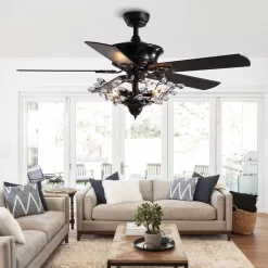 5 - Blade Black Crystal Branch Ceiling Fan With Remote Control