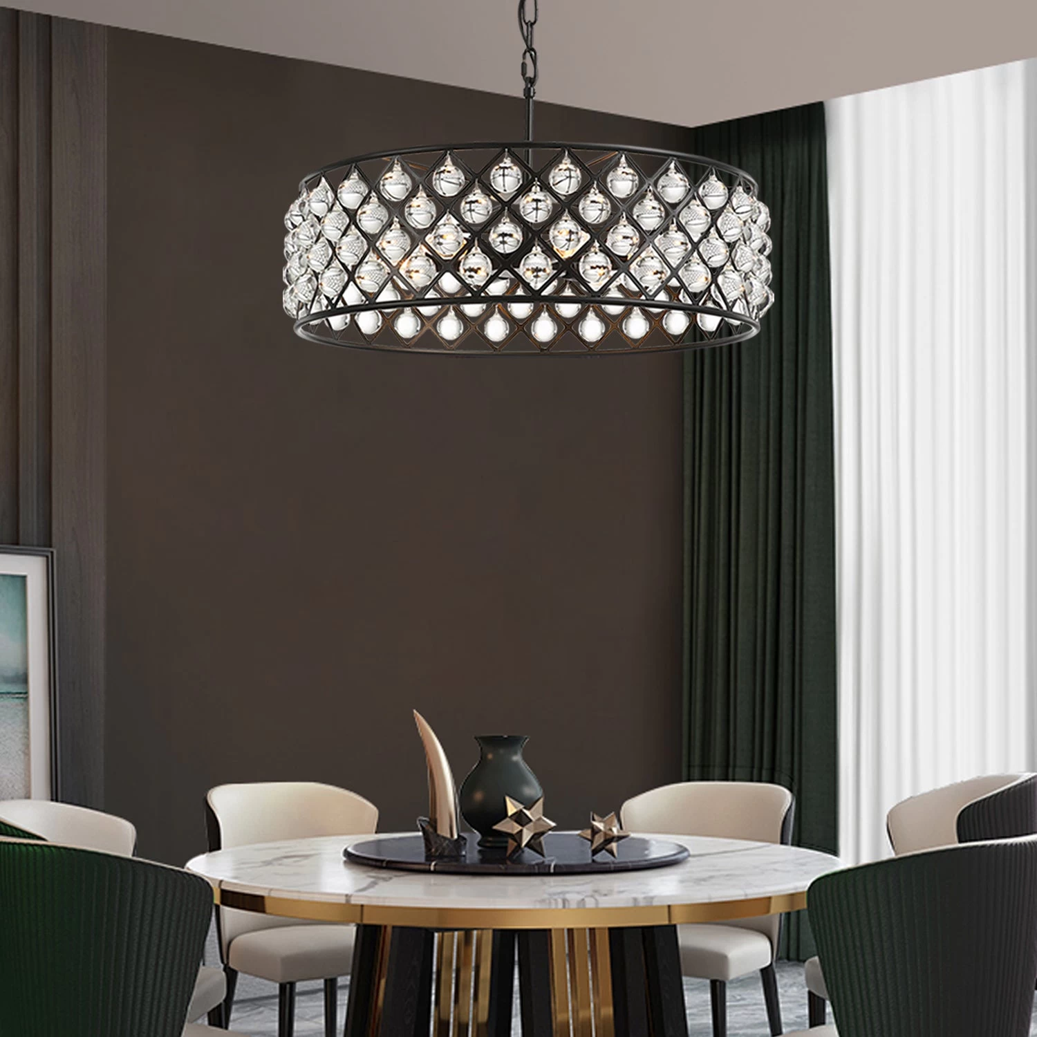 Black Drum Shape Crystal Chandelier - Pendant Light - Image 2